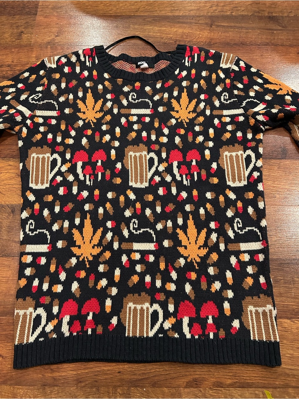 Urban Outfitters BDG Men's Small Drug Print Sweater Pot Beer Pills Fall Shroom
